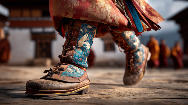 A dancer's feet in traditional attire performing Talo Tshechu Festival in Bhutan, captured in a close-up shot of a colorful costume