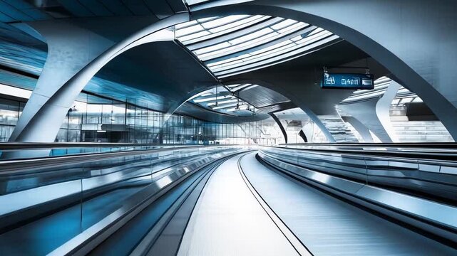 Modern airport terminal interior with a sweeping moving walkway, sleek glass ceiling and expansive windows conveying swift transit, bright design and futuristic space