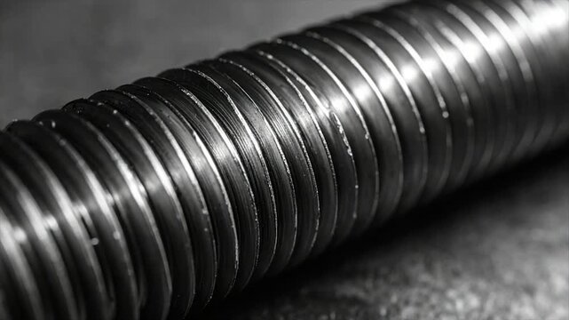 Macro shot of a metal screw with detailed helical threads, resting on a textured surface