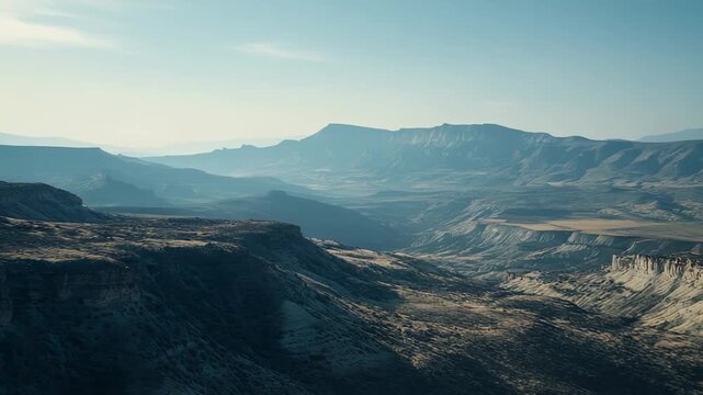 Expansive desert valley stretching towards distant layered mountains under a clear sky, showcasing a vast, arid landscape with dramatic geological formations and a sense of enduring wilderness