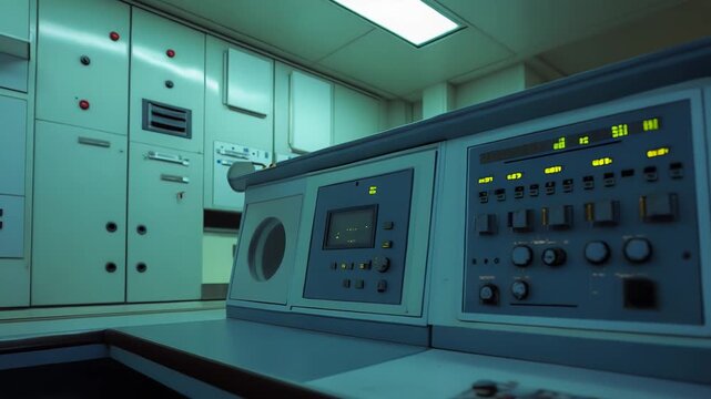 Operating a complex dashboard of vintage industrial equipment, this control panel features multiple screens, buttons, switches, and indicator lights for monitoring and managing operations