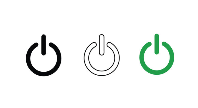Three power button icons in varying styles a stark silhouette
