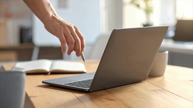 A hand holds a pencil over a laptop on a wooden desk, notebook open nearby