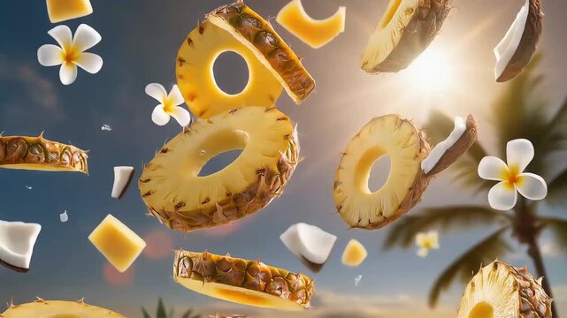 Ultra detailed pineapple rings rotating slowly in mid-air with flying coconut chunks and plumeria flowers, bright tropical sunlight casting soft shadows, crisp juicy fruit texture