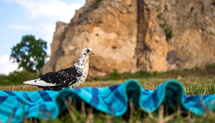 Obraz premium Seagull resting on a blue blanket outdoors.