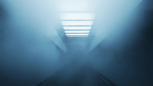 Modern architectural space features an escalator descending into a thick, blue toned fog, creating a mysterious and atmospheric underworld environment with geometric lines and soft illumination