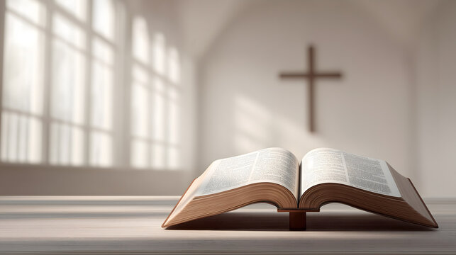 An open Bible sits on a table in a church a cross in the background Easter Day
