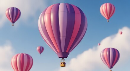 Fototapeta premium Multiple pink and purple hot air balloons floating in a blue sky with white clouds pink balloons purple balloons