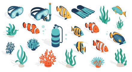 Isometric Scuba Diving Gear and Tropical Coral Reef Fish Vector Set © Rishi