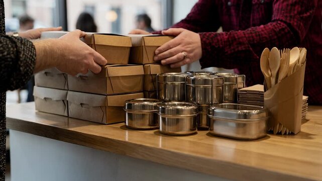 Medium closeup of a takeaway counter featuring ecofriendly packaging and reusable containers ready for collection the background diners softly out of focus.