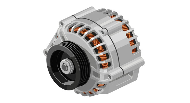 Isometric Vector Illustration of a Car Alternator with Copper Wiring and Pulley