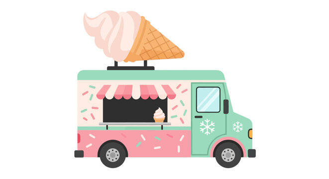 Pastel Mint Green and Pink Ice Cream Truck with Giant Soft Serve Cone Topper