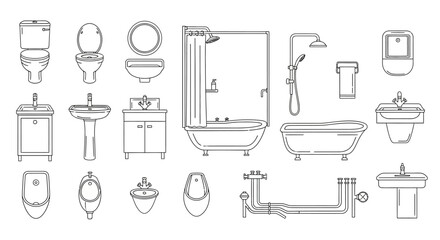 Bathroom Fixture and Plumbing Vector Set with Toilet Sink Bathtub and Shower Line Art © Rishi