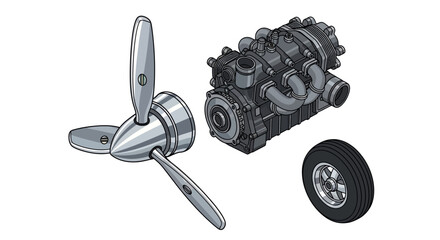 Isometric 3D Aircraft Engine Components Set with Propeller Motor and Landing Gear Wheel © Rishi
