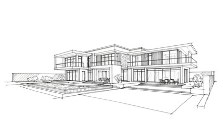 Fototapeta premium Modern Two Story Luxury House Sketch with Swimming Pool and Terrace Line Art