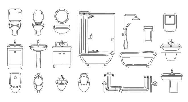 Bathroom Fixture and Plumbing Vector Set with Toilet Sink Bathtub and Shower Line Art