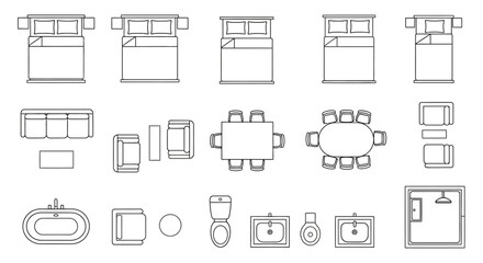 Modern Interior Furniture and Bathroom Floor Plan Symbols with Line Art Beds Sofas and Sinks © Rishi