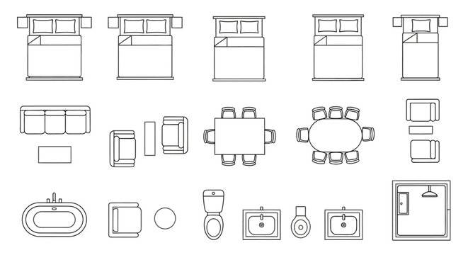 Modern Interior Furniture and Bathroom Floor Plan Symbols with Line Art Beds Sofas and Sinks