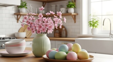 Pastel Easter eggs on plate and pink flowers in vase on kitchen counter pastel eggs cherry blossoms
