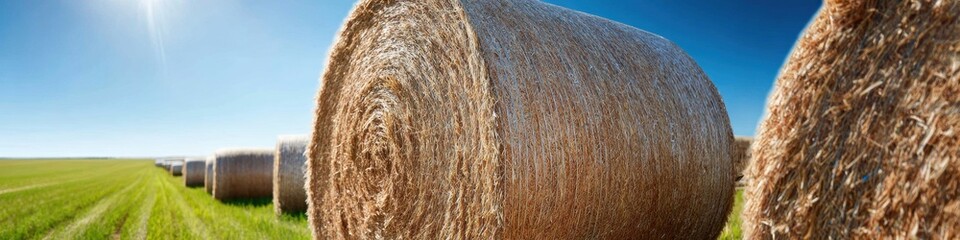 Round hay bales in a row across a sunny field, panoramic agricultural landscape for farming industry website headers and outdoor harvest seasonal banners