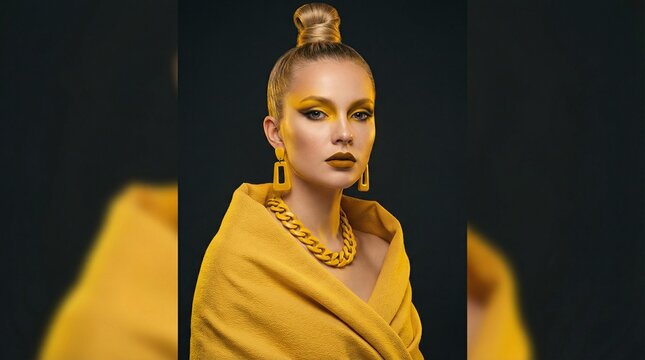 Monochrome Yellow Couture Fashion Portrait Woman, High-End Editorial Studio Style