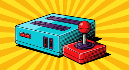 Retro Video Game Console and Joystick in Pop Art Style with Sunburst Background © Rishi