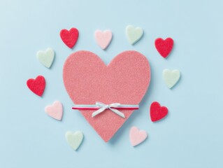 Obraz premium Valentines Day Heart Shape with Ribbon and Smaller Cutouts on Blue Background for Romantic Holiday Marketing and App Promo Template with Copy Space