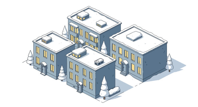 Isometric Winter City Buildings with Snow Covered Roofs and Pine Trees Illustration