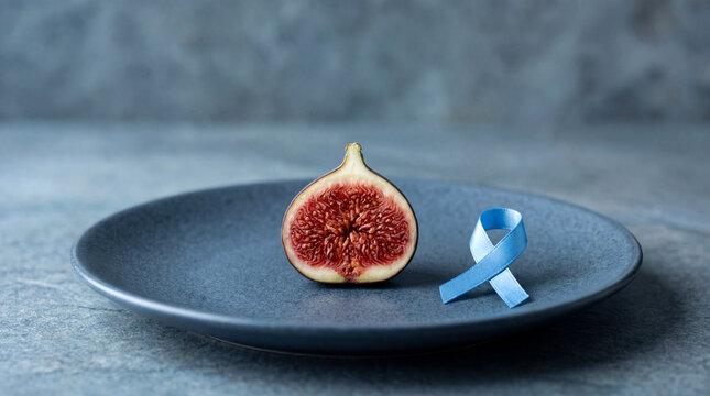 Halved Fig and Blue Ribbon Symbolizing Prostate Health Awareness, Men's Nutrition, and Cancer Prevention Diet for Urology Concept Education, and Wellness Food Focus.