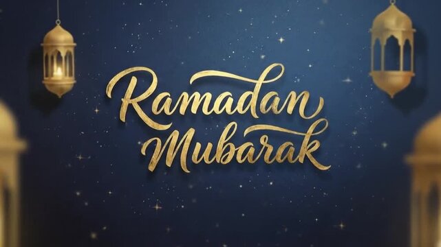 Elegant golden calligraphy wishing blessed Ramadan with festive lanterns and sparkling bokeh on a deep blue background, ideal for a celebratory greeting