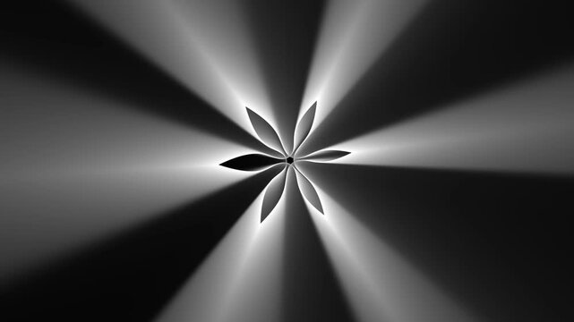 Abstract white glowing flower shape with symmetrical light rays on black background