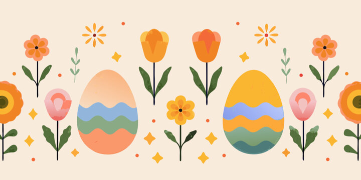 Colorful easter eggs and flower illustration in a repeating pattern