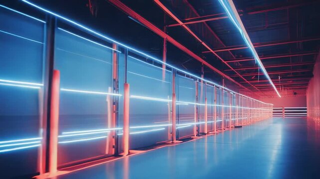 Data center racks glowing with blue and red neon lights, showcasing advanced technology infrastructure and the rapid flow of digital information and processing