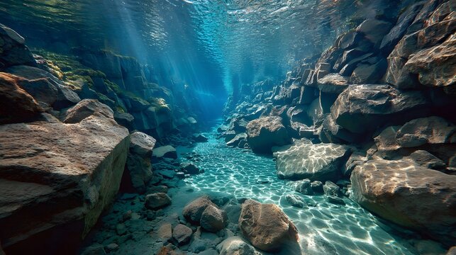 Underwater photography reveals deep blue clear water between two tectonic rock plates with submerged stones and light beams penetrating.