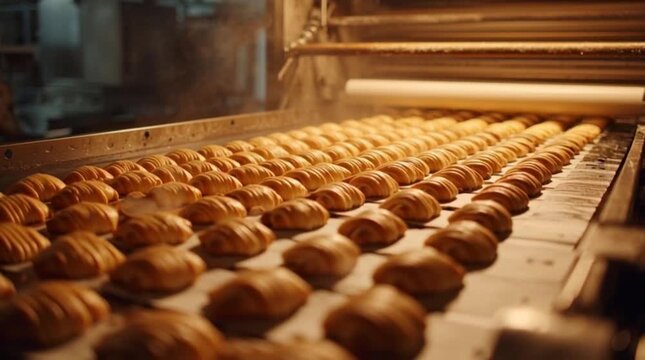 Golden croissants emerge from the industrial bakery oven, moving along an automated conveyor belt, showcasing the efficient production of fresh, delicious pastries for mass consumption