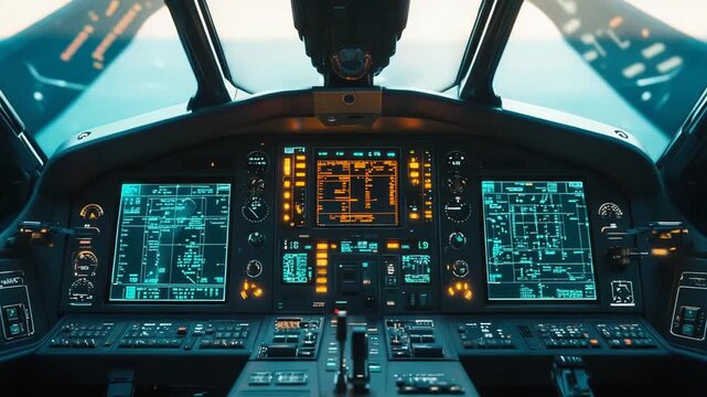 Advanced cockpit interior with multiple glowing digital displays, instrument panels and controls, a futuristic flight deck blending aviation and sci fi technology for navigation and command