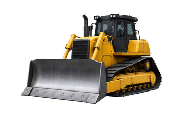 Yellow bulldozer with metal tracks and large front blade construction vehicle machinery isolated on transparent background