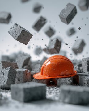 Hard Hat amidst Construction Debris: An orange hard hat stands resilient against a cascade of falling bricks, symbolizing construction, resilience and the hazards.