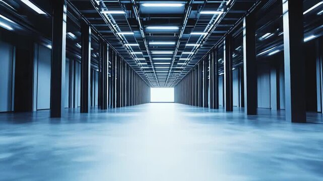 Empty futuristic data center interior space with rows of servers and glowing neon lights creating a tunnel perspective, symbolizing advanced technology and digital infrastructure