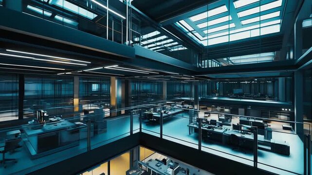 Futuristic, multi level office space featuring sleek design, exposed metallic structures, glass walls, and desks with computers under vibrant blue and white lighting