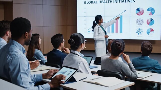 Doctor presenting global health initiatives data to diverse audience in a modern conference room.