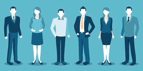 A row of faceless business people in professional attire stand aligned