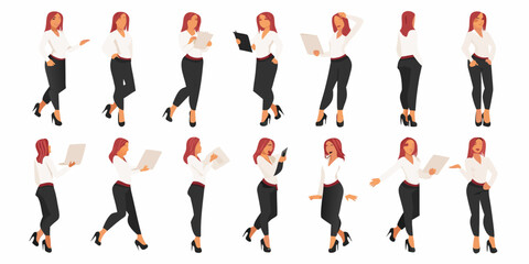 Fototapeta premium Multiple poses of a red haired businesswoman holding documents and gesturing