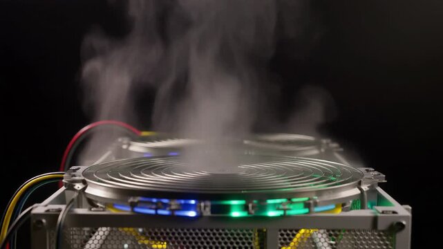 Overheating computer server with smoke emanating from the top vent, illuminated LED lights, and colorful cables in a dark environment, viewed from the front