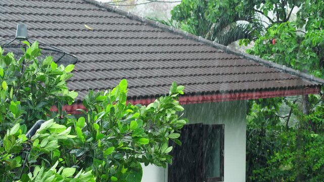 Heavy tropical rain on house roof during storm