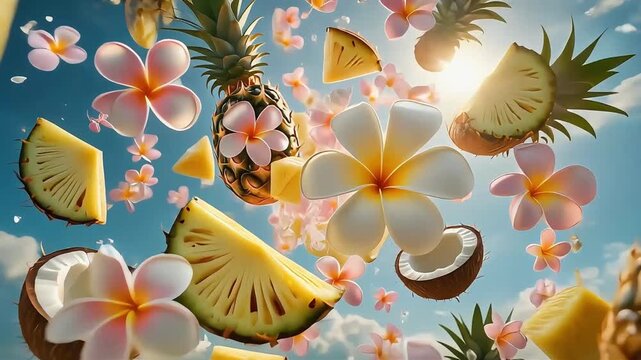 Hyper realistic tropical fruit composition with pineapple rings flying mid-air, whole pineapples drifting in the background, coconut pieces floating around, and vibrant plumeria flowers