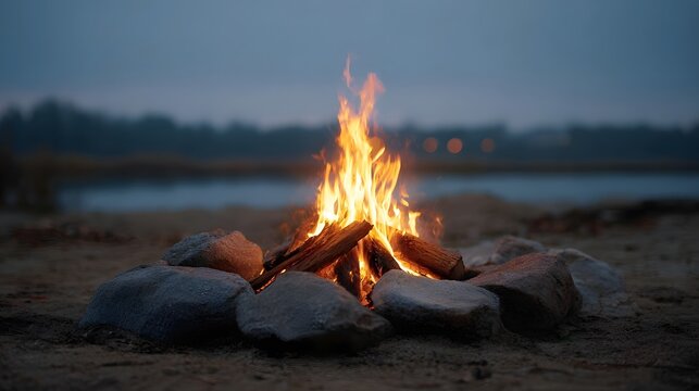A glowing campfire burns on a sandy beach at dusk with a blurred lake and forest background