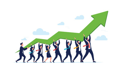 Obraz premium Group of professional teammates work together to carry a massive green upward arrow that represents collective company growth.