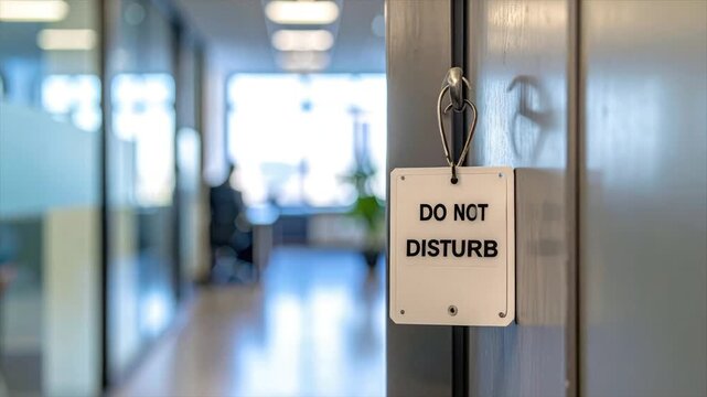 A hallway view focuses on a door with a "Do Not Disturb" sign, blurring the background