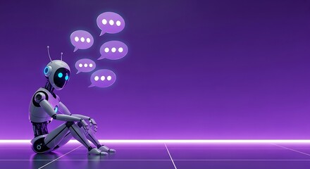 Fototapeta premium Robot sitting on floor with multiple speech bubbles above it against purple gradient background humanoid